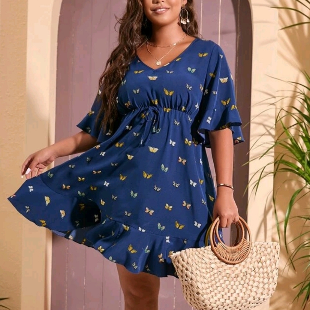 SHEIN Women's Butterfly Print, Flounce Sleeve, Hem Knot Front Dress NWOT - Picture 1 of 14